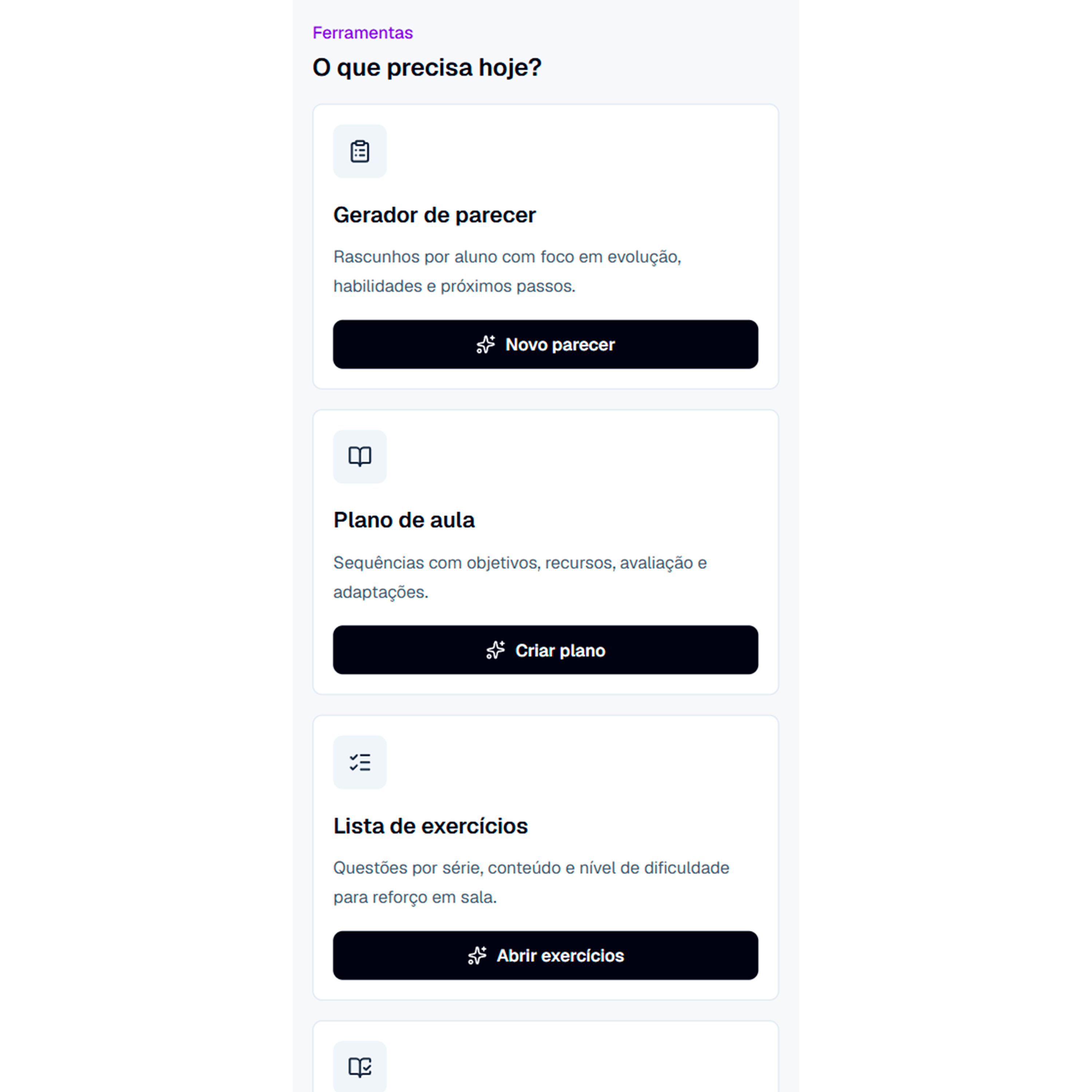 Tela mobile com cards de ferramentas como gerador de parecer, plano de aula e lista de exercícios.